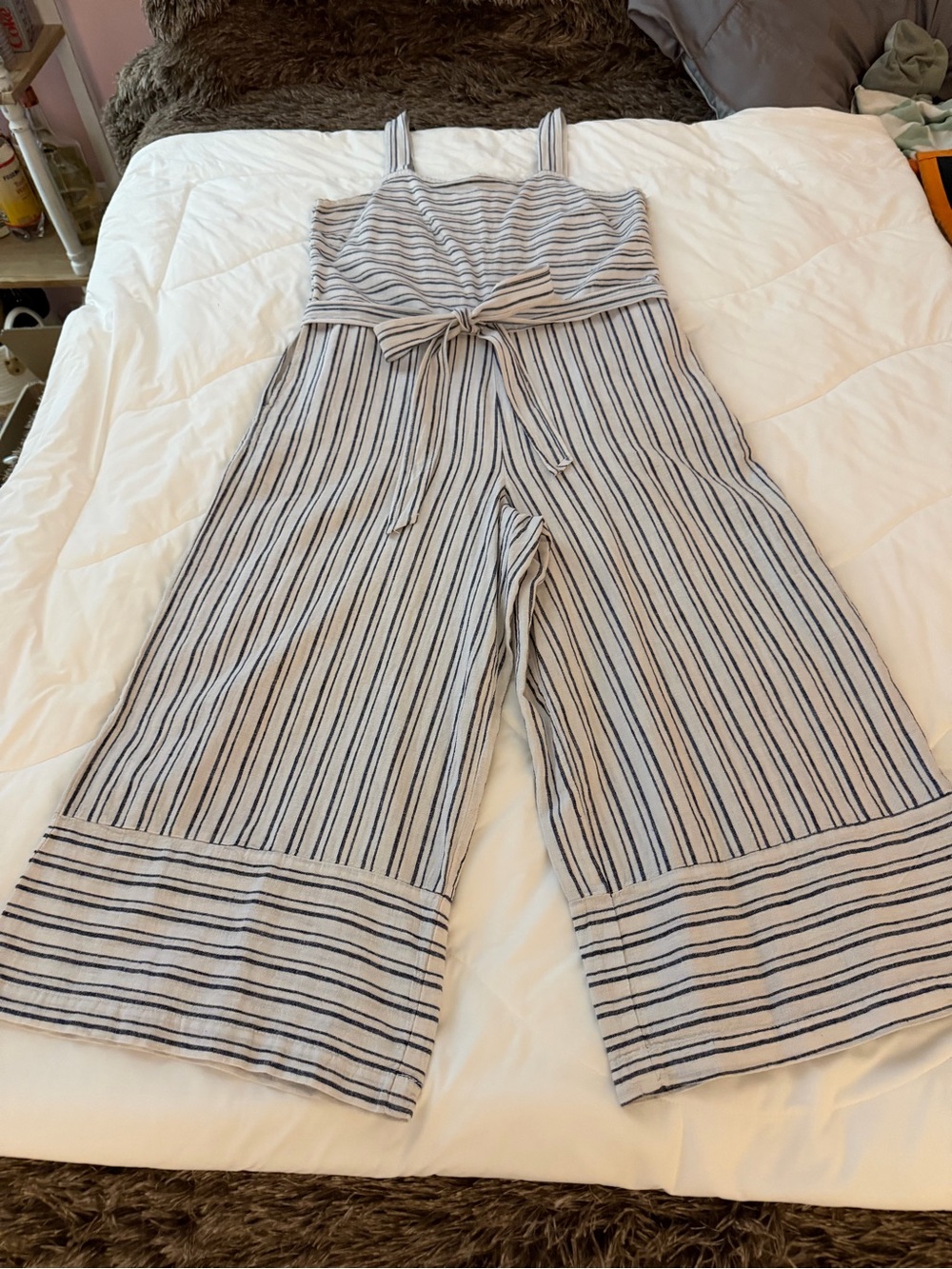 beachlunchlounge White and Navy Striped Tie-Waist Wide-Leg Jumpsuit